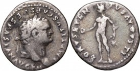 Titus (79-81). AR Denarius, 79-80. D/ Head right, laureate. R/ Bonus Eventus standing left, holding patera, corn-ears and poppy. RIC (2nd ed.) 89. AR....