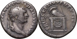 Domitian as Caesar (69-81). AR Denarius, 80-81. D/ Head right, laureate. R/ Seat, draped; above, Corinthian helmet. RIC (2nd ed; Titus) 271. AR. g. 3....