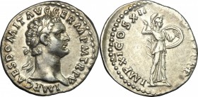Domitian (81-96). AR Denarius, 88-89. D/ Head right, laureate. R/ Minerva standing right, brandishing spear and holding shield. RIC (2nd ed.) 667. AR....