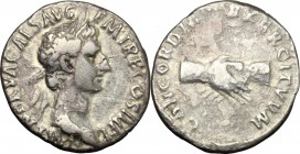 Nerva (96-98). AR Denarius, 97 AD. D/ Head right, laureate. R/ Clasped hands. RIC 14. AR. g. 2.96 mm. 17.00 Heavily toned. About VF/Good F.