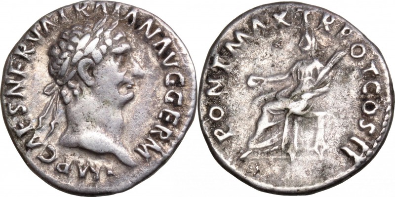 Trajan (98-117). AR Denarius, 98-99. D/ Head right, laureate. R/ Vesta seated le...
