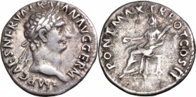 Trajan (98-117). AR Denarius, 98-99. D/ Head right, laureate. R/ Vesta seated left, holding patera and torch. RIC 21. AR. g. 3.25 mm. 17.00 VF.
