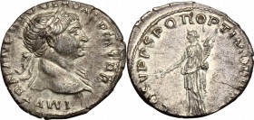 Trajan (98-117). AR Denarius, 108-109. D/ Bust right, laureate, draped on left shoulder. R/ Felicitas standing left, holding caduceus and cornucopiae....