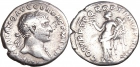 Trajan (98-117). AR Denarius, 103-111. D/ Bust right, laureate, draped on left shoulder. R/ Victoria standing left, holding wreath and palm. RIC 128. ...