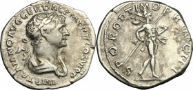 Trajan (98-117). AR Denarius, 113-114. D/ Bust right, laureate, draped. R/ Mars advancing right, holding spear and trophy. RIC 269. AR. g. 3.32 mm. 20...