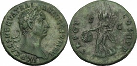 Trajan (98-117). AE As, 98-99. D/ Bust right, laureate, draped on left shoulder. R/ Victoria flying left, holding shield inscribed SPQR. RIC 402. AE. ...