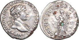 Trajan (98-117). AR Hybrid Fourree Denarius. D/ Bust right, laureate, draped on left shoulder. R/ Female figure standing left, holding uncertain objec...