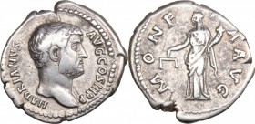Hadrian (117-138). AR Denarius, 134-138. D/ Bust right, bare, draped on left shoulder. R/ Moneta standing left, holding scales and cornucopiae. RIC 25...