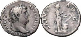 Hadrian (117-138). AR Denarius, 134-138. D/ Head right, laureate. R/ Salus standing right, feeding from patera snake coiled around altar. RIC 267d. AR...