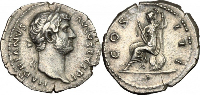 Hadrian (117-138). AR Denarius, 134-138. D/ Head roght, laureate. R/ Roma seated...