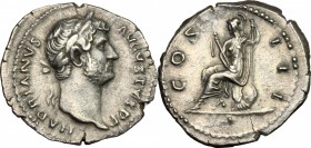 Hadrian (117-138). AR Denarius, 134-138. D/ Head roght, laureate. R/ Roma seated left on cuirass and shield, holding parazonium and scepter. RIC 334. ...