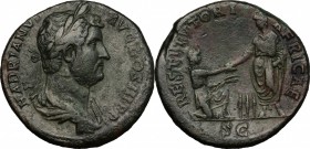 Hadrian (117-138). AE Sestertius, 134-138. D/ Bust right, laureate, draped. R/ Emperor standing left, holding roll and extending hand to raise up knee...