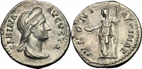 Sabina, wife of Hadrian (died 137 AD). AR Denarius, 128-136. D/ Bust right, draped. R/ Juno standing left, holding patera and scepter. RIC (Hadrian) 3...