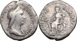 Sabina, wife of Hadrian (died 137 AD). AR Denarius, 128-136. D/ Bust right, diademed, draped. R/ Concordia seated left, holding patera, resting on sta...