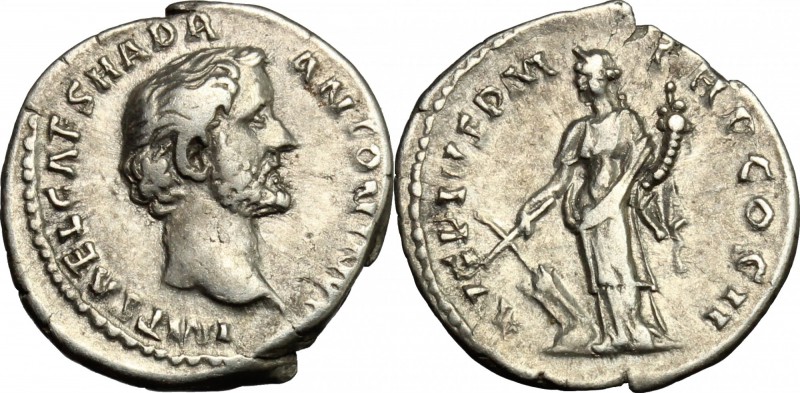 Antoninus Pius (138-161). AR Denarius, 139 AD. D/ Head right, bare. R/ Fortuna s...