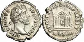 Antoninus Pius (138-161). AR Denarius, 145-161. D/ Head right, laureate. R/ Octostyle temple with statues of Divus Augustus and Livia. RIC 143. AR. g....