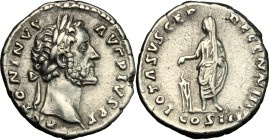 Antoninus Pius (138-161). AR Denarius, 145-161. D/ Head right, laureate. R/ Emperor standing left, veiled, sacrificing over lighted altar. RIC 157. AR...