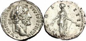 Antoninus Pius (138-161). AR Denarius, 148-149. D/ Head right, laureate. R/ Annona standing front, head left, holding corn-ears over modius and rudder...