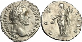 Antoninus Pius (138-161). AR Denarius, 151-152. D/ Head right, laureate. R/ Vesta standing left, holding simpulum and palladium. RIC 203. AR. g. 3.21 ...