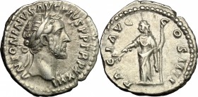 Antoninus Pius (138-161). AR Denarius, 159-160. D/ Head right, laureate. R/ Pax standing left, holding branch and scepter. RIC 301. AR. g. 3.31 mm. 17...