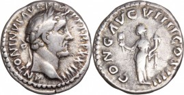 Antoninus Pius (138-161). AR Denarius, 160-161. D/ Head right, laureate. R/ Liberalitas standing left, holding abacus and cornucopiae. RIC 308. AR. g....