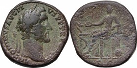 Antoninus Pius (138-161). AE Sestertius, 144 AD. D/ Head right, laureate. R/ Salus seated left, feeding from patera snake coiled around altar. RIC 751...