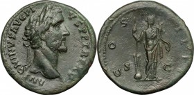Antoninus Pius (138-161). AE Sestertius, 151-152. D/ Head right, laureate. R/ Fortuna standing right, holding rudder set on globe and cornucopiae. RIC...