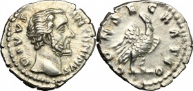 Divus Antoninus Pius, after 161. AR Denarius, after 161. D/ Head right. R/ Eagle standing right, head turned back. RIC (Marcus Aurelius) 429. AR. g. 3...