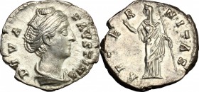 Faustina I (died 141 AD). AR Denarius, 141-161. D/ Bust right, draped. R/ Aeternitas standing left, head left, raising right hand and holding scepter ...