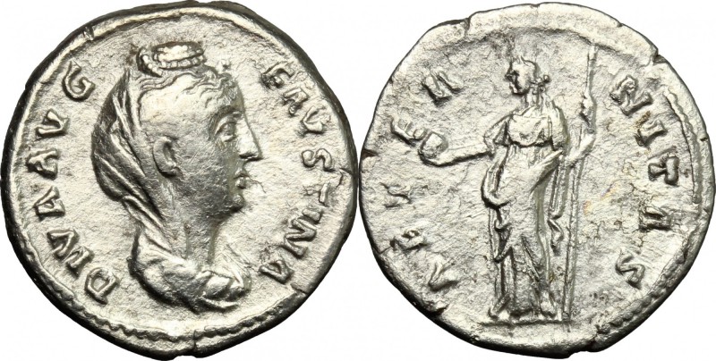 Faustina I (died 141 AD). AR Denarius, 141 AD. D/ Bust right, draped, veiled. R/...