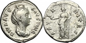 Faustina I (died 141 AD). AR Denarius, 141 AD. D/ Bust right, draped, veiled. R/ Aeternitas standing left, holding globe and scepter. RIC (Antoninus P...