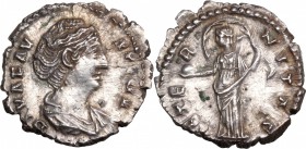 Faustina I (died 141 AD). AR Denarius, 141 AD. D/ Bust right, draped. R/ Providentia (?) standing left, holding globe, her veil blown out in round beh...