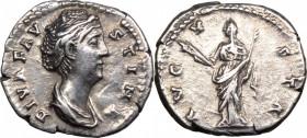 Faustina I (died 141 AD). AR Denarius, 141 AD. D/ Bust right, draped. R/ Ceres standing left, holding torch and scepter. RIC (Antoninus Pius) 356a. AR...