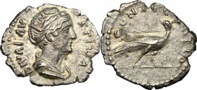 Faustina I (died 141 AD). AR Denarius, 141 AD. D/ Bust right, draped. R/ Peacock walking right, head turned back. RIC (Antoninus Pius) 384a. AR. g. 2....