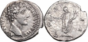 Marcus Aurelius as Caesar (139-161). AR Denarius, 145-160. D/ Head right, bare. R/ Honos standing left, holding branch and cornucopiae. RIC (Antoninus...