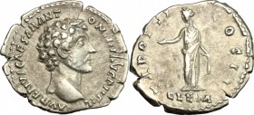 Marcus Aurelius as Caesar (139-161). AR Denarius, 151-152. D/ Head right, bare. R/ Clementia standing left, holding patera. RIC (Antoninus Pius) 456A....