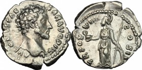 Marcus Aurelius as Caesar (139-161). AR Denarius, 154-155. D/ Head right. R/ Minerva standing left, holding owl and spear, leaning on shield set on gr...