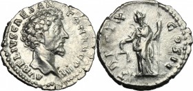 Marcus Aurelius as Caesar (139-161). AR Denarius, 155-156. D/ Head right. R/ Aequitas standing left, holding scales and cornucopiae. RIC (Antoninus Pi...
