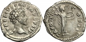 Marcus Aurelius as Caesar (139-161). AR Denarius, 159-160. D/ Head right, bare. R/ Minerva standing right, holding spear and shield. RIC (Antoninus Pi...