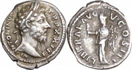 Marcus Aurelius (161-180). AR Denarius, 168-169. D/ Head right, laureate. R/ Liberalitas standing left, holding abacus and cornucopiae. RIC 206. AR. g...