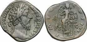 Marcus Aurelius (161-180). AE Sestertius, 171-172. D/ Head right, laureate. R/ Victoria standing right, placing shield on palm-tree. RIC 1029. AE. g. ...