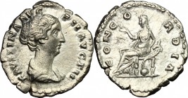 Faustina II (died 176 AD). AR Denarius, 145-161. D/ Bust right, draped. R/ Concordia seated left, holding flower and resting elbow on cornucopiae set ...
