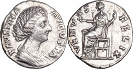 Faustina II (died 176 AD). AR Denarius, 161-176. D/ Bust right, draped. R/ Venus seated left, holding Victoria and scepter. RIC (Marcus Aurelius) 731....