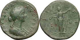 Faustina II (died 176 AD). AE Sestertius, 161-176. D/ Bust right, draped. R/ Laetitia standing left, holding wreath and scepter. RIC (Marcus Aurelius)...