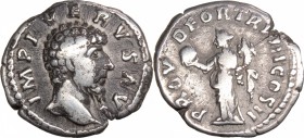 Lucius Verus (161-169). AR Denarius, 162-163. D/ Head right, bare. R/ Providentia standing left, holding globe and cornucopiae. RIC (Marcus Aurelius) ...