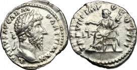 Lucius Verus (161-169). AR Denarius, 168 AD. D/ Head right, laureate. R/ Aequitas seated left, holding scales and cornucopiae. RIC (Marcus Aurelius) 5...