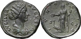 Lucilla, wife of Lucius Verus (died 183 AD). AE As, 164-169. D/ Bust right, draped. R/ Juno standing left, holding patera and scepter; to feet, peacoc...