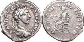 Commodus (177-193). AR Denarius, 177-178. D/ Bust right, laureate, draped. R/ Salus seated left, holding branch and resting left arm on side; before, ...
