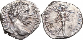 Septimius Severus (193-211). AR Denarius, 195-196. D/ Head right, laureate. R/ Mars advancing right, carrying trophy and holding spear. RIC 67. AR. g....