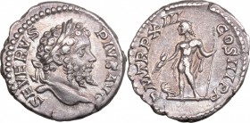 Septimius Severus (193-211). AR Denarius, 205 AD. D/ Head right, laureate. R/ Jupiter standing left, wearing cloak over shoulder, holding thunderbolt ...